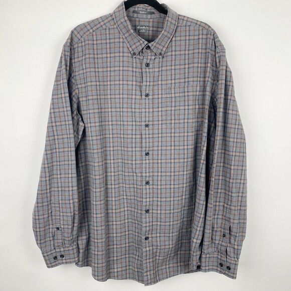 EDDIE BAUER  Gray Plaid Relaxed Fit Cotton Flannel Button Down Shirt - Tall XL - Picture 1 of 4